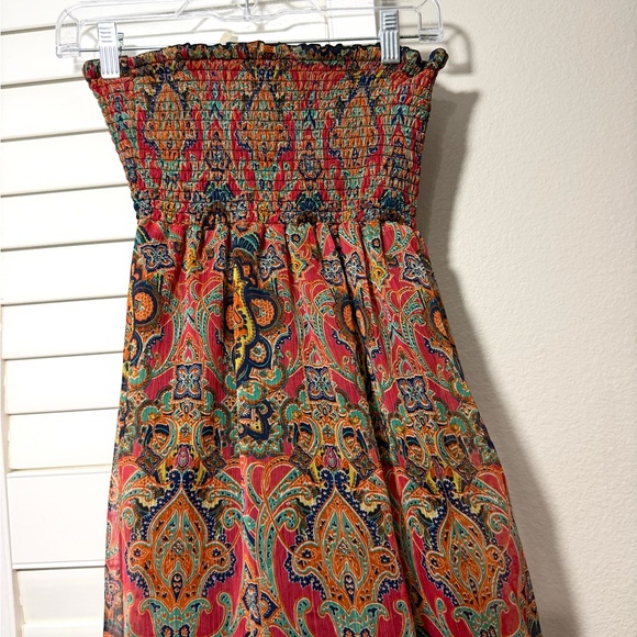 Women’s Strapless Dress Size M Long Maxi Boho Smocked Indie Print Colorful - Picture 9 of 9